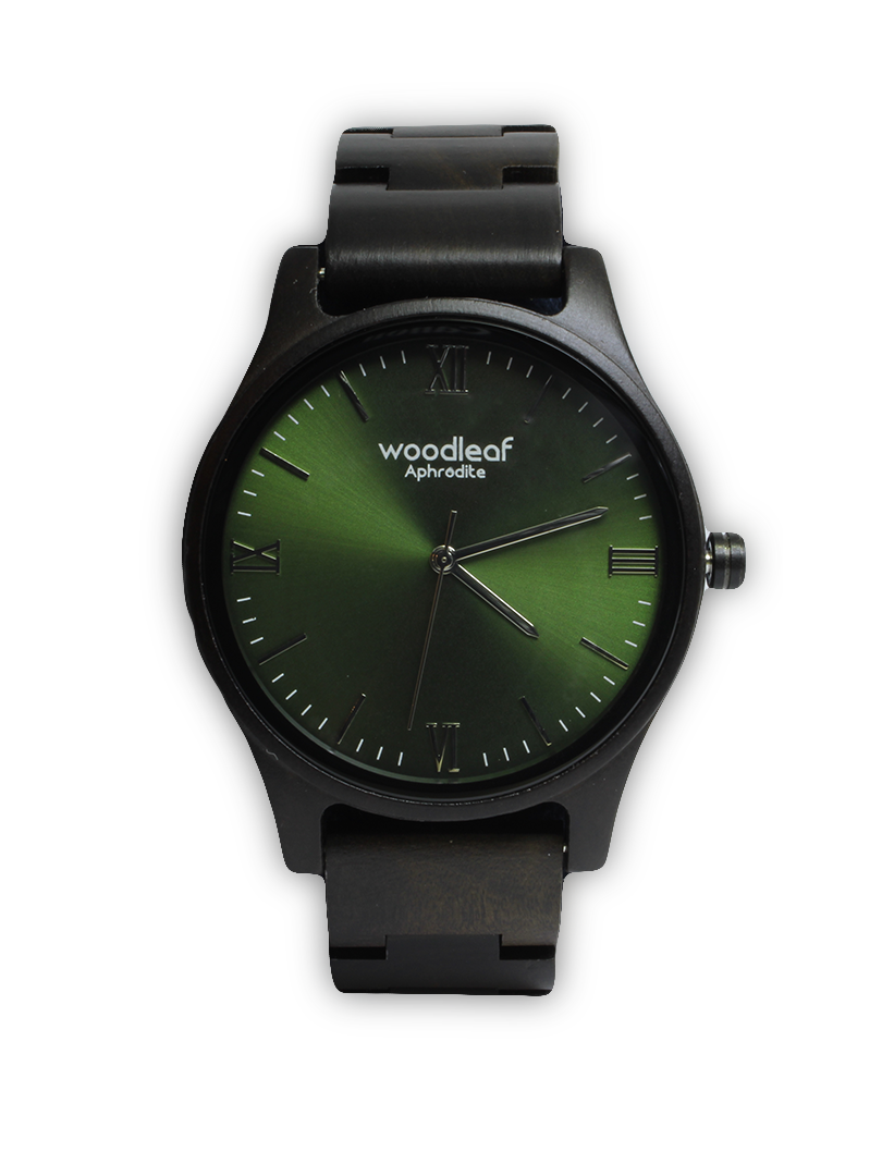 Photo montre en bois d'Ebene noir et vert vue de face