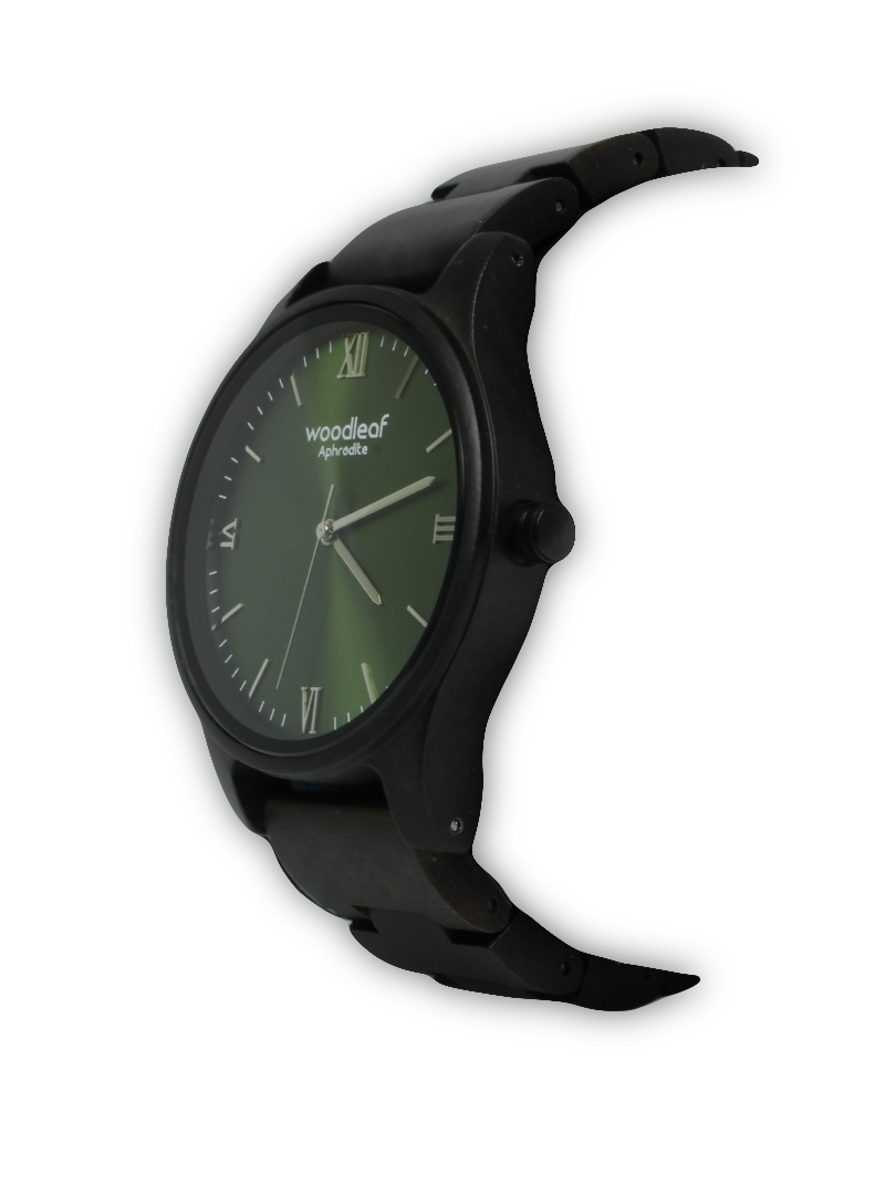 Photo montre en bois d'Ebene noir et vert vue de gauche